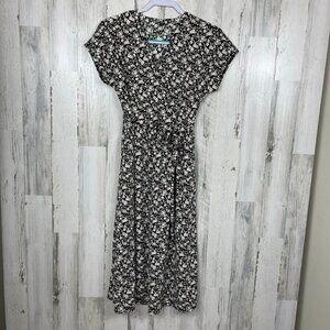 Uniqlo floral print faux wrap dress cottagecore midi length black white XS